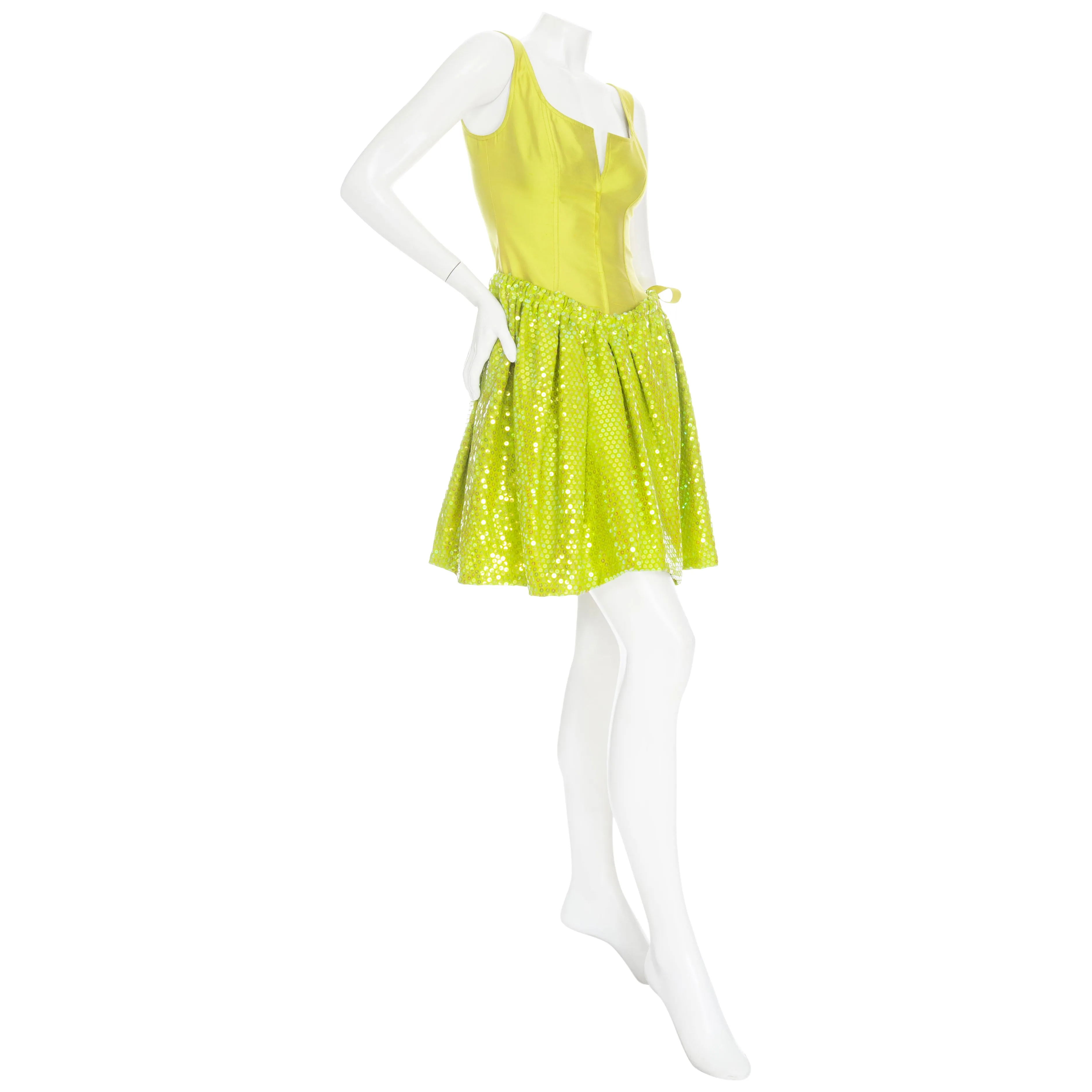 1990s Lime Silk and Sequin Skater Dress NWT