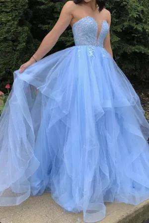 A-Line Fluffy Blue Fashion Prom Dresses with Lace, Strapless Tulle Evening Dresses UQP0144