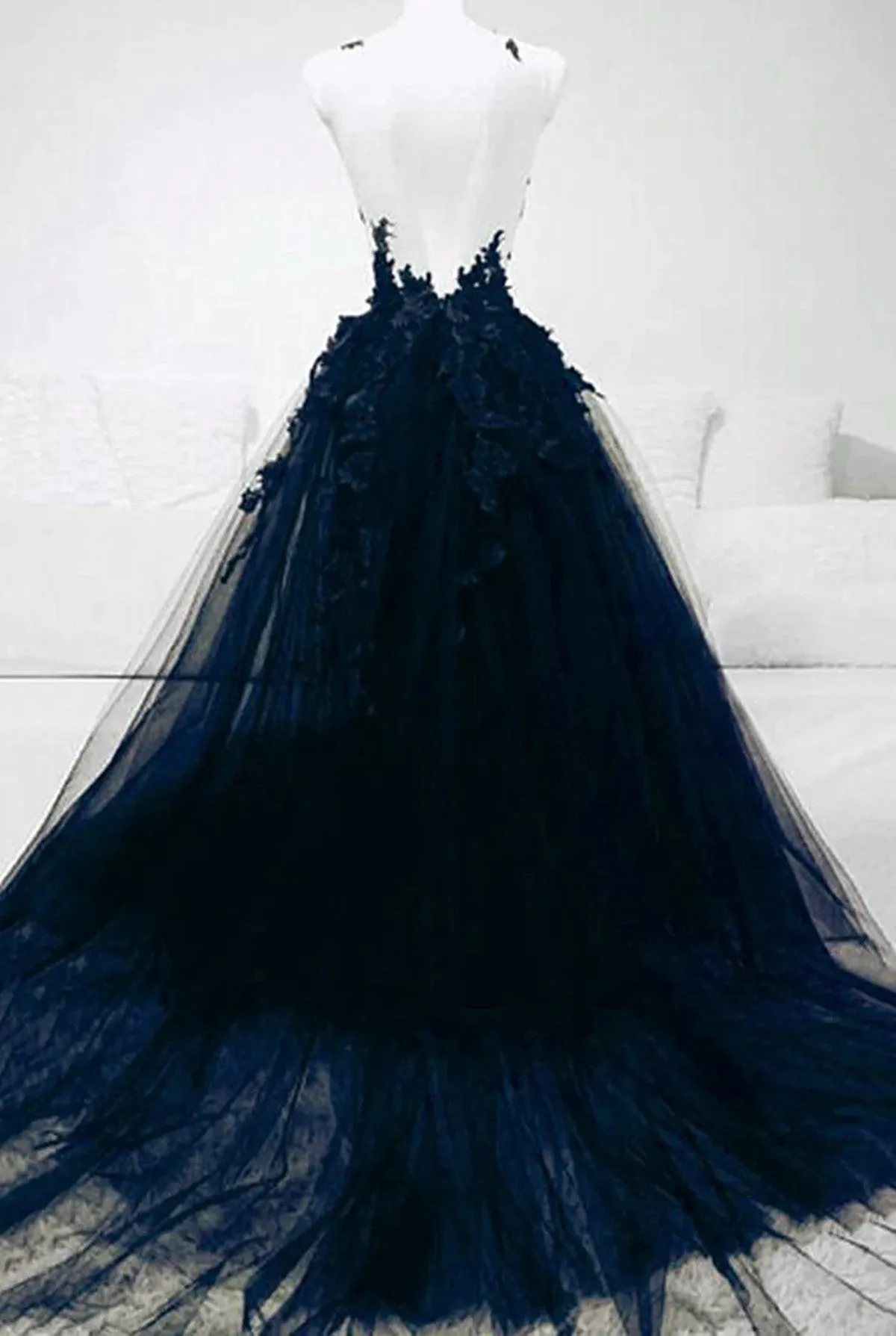 A-line Navy Blue Tulle with Lace Long Evening Dress, Navy Blue Prom Dress