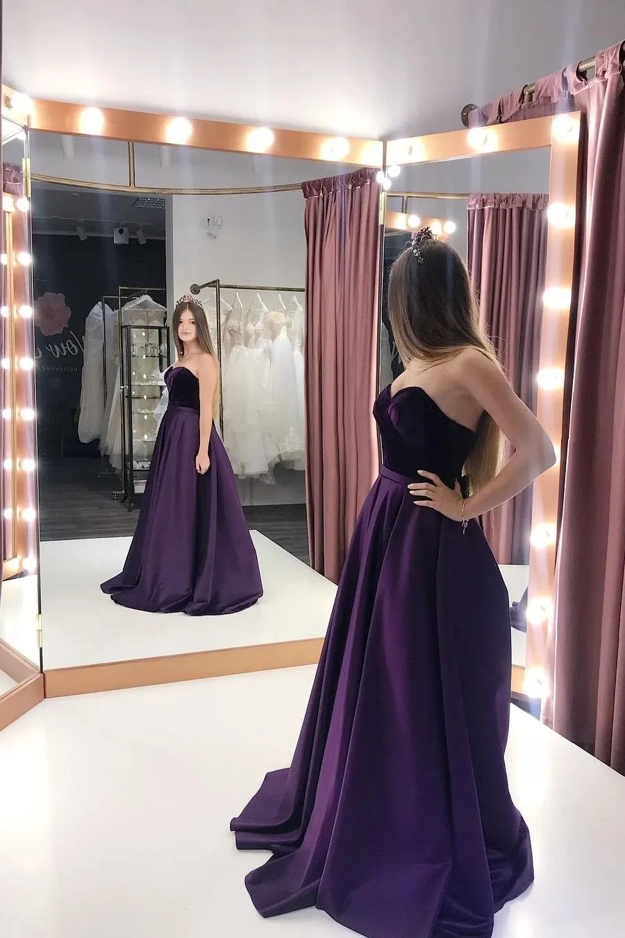 A-Line Purple Velvet Satin Sweetheart Long Prom Dresses With Pockets UQP0043