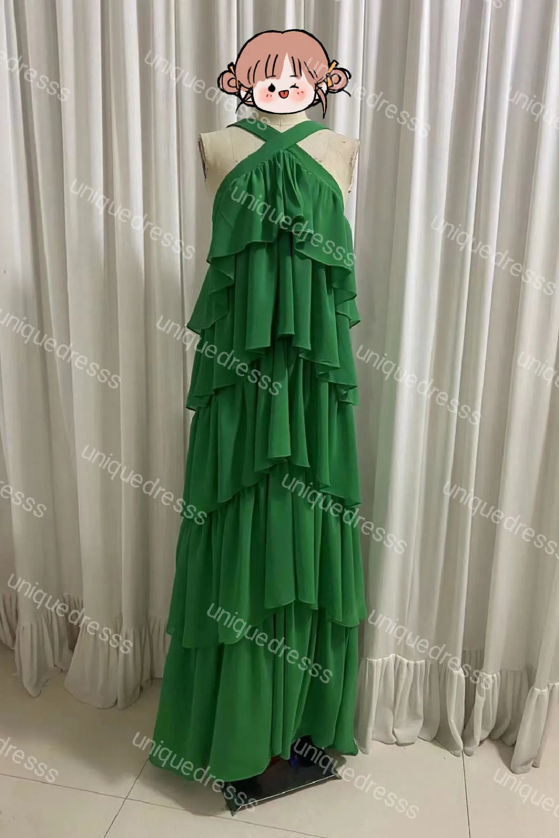 A Line Straps Tiered Chiffon Floor Length Long Prom Dress Pink Bridesmaid Dress UQP0190