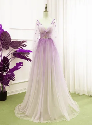 Beautiful Purple Gradient Tulle Long Sleeves Party Dress, A-line Tulle Formal Dress