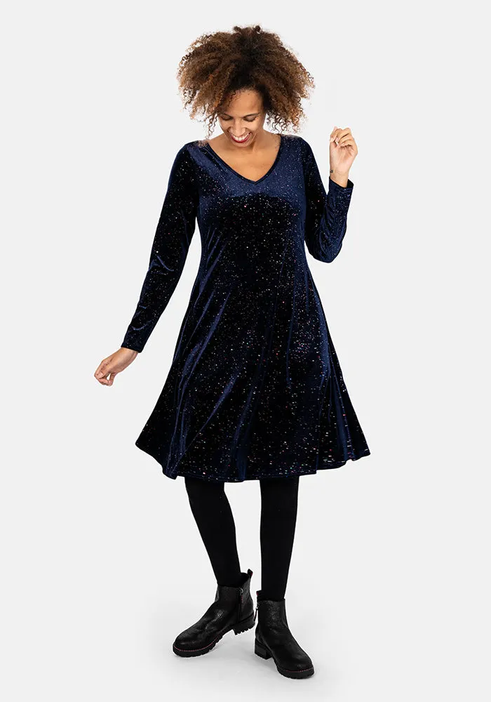 Beth Navy & Multicoloured Sparkle Velvet Trapeze Dress