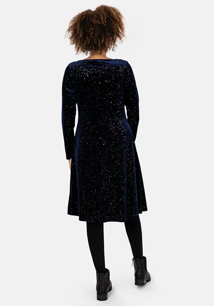 Beth Navy & Multicoloured Sparkle Velvet Trapeze Dress