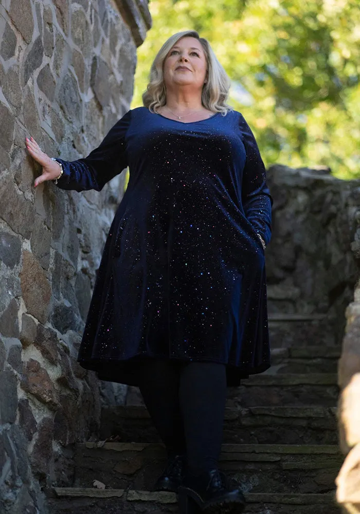 Beth Navy & Multicoloured Sparkle Velvet Trapeze Dress