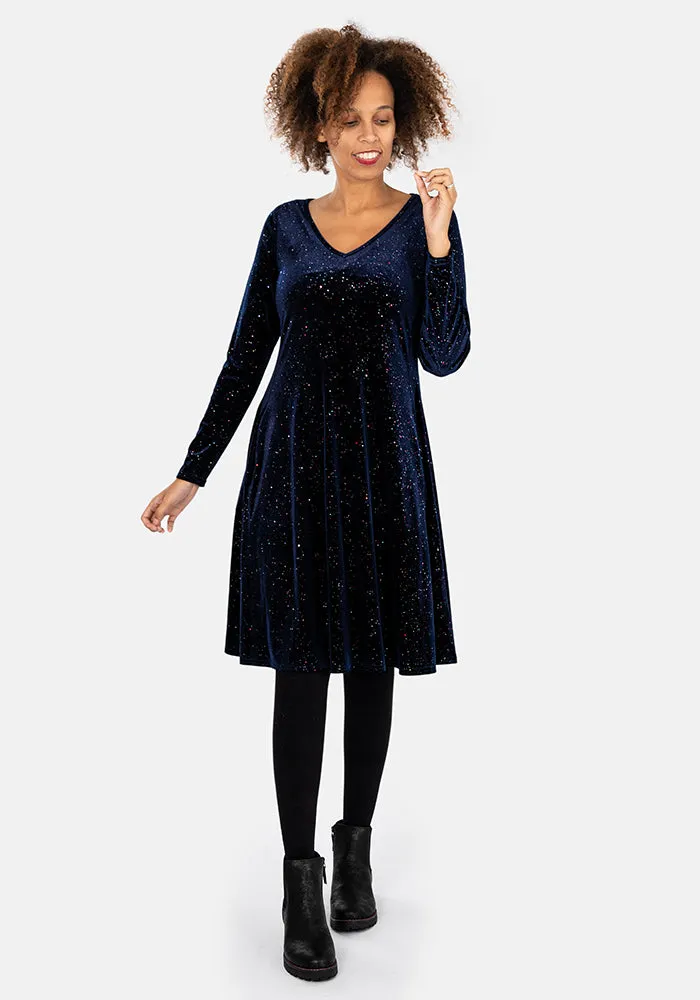 Beth Navy & Multicoloured Sparkle Velvet Trapeze Dress