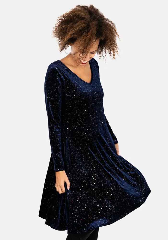 Beth Navy & Multicoloured Sparkle Velvet Trapeze Dress