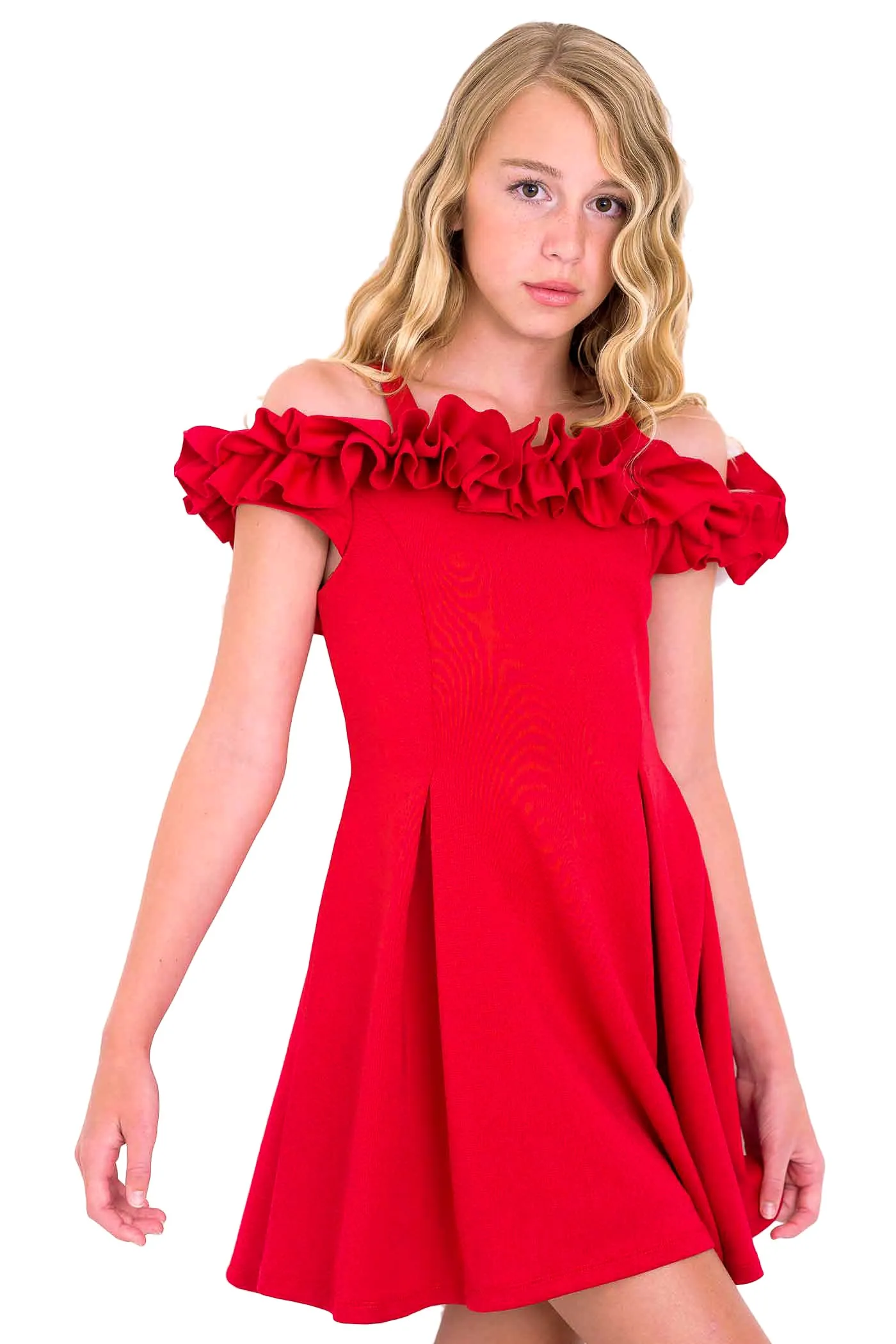 Big Girls Cold Shoulder Holiday Ruffled Fit & Flare Dress