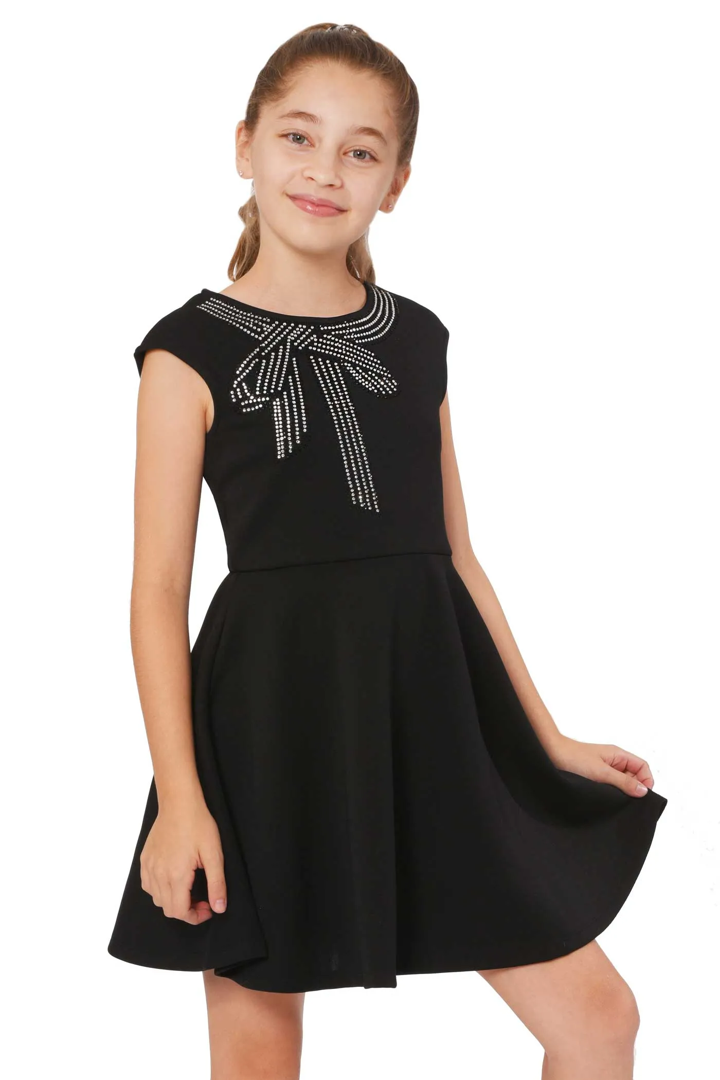 Big Girls Rhinestone Bow Fit and Flare Skater Dress