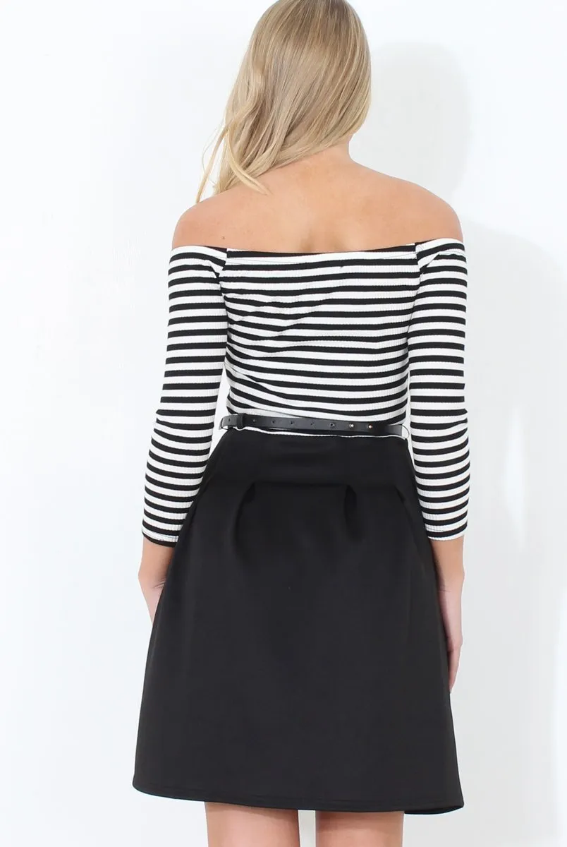 Black & White Off The Shoulder Skater Dress - Jacqui