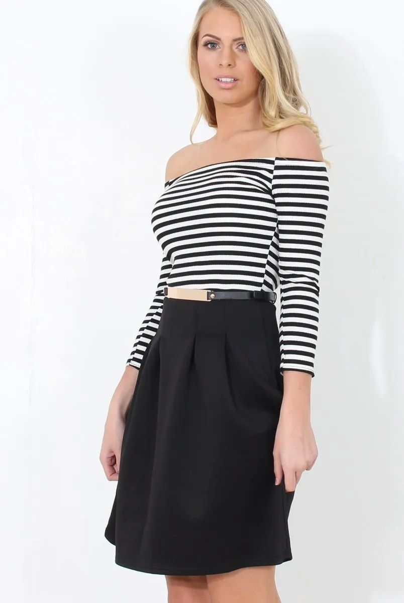 Black & White Off The Shoulder Skater Dress - Jacqui