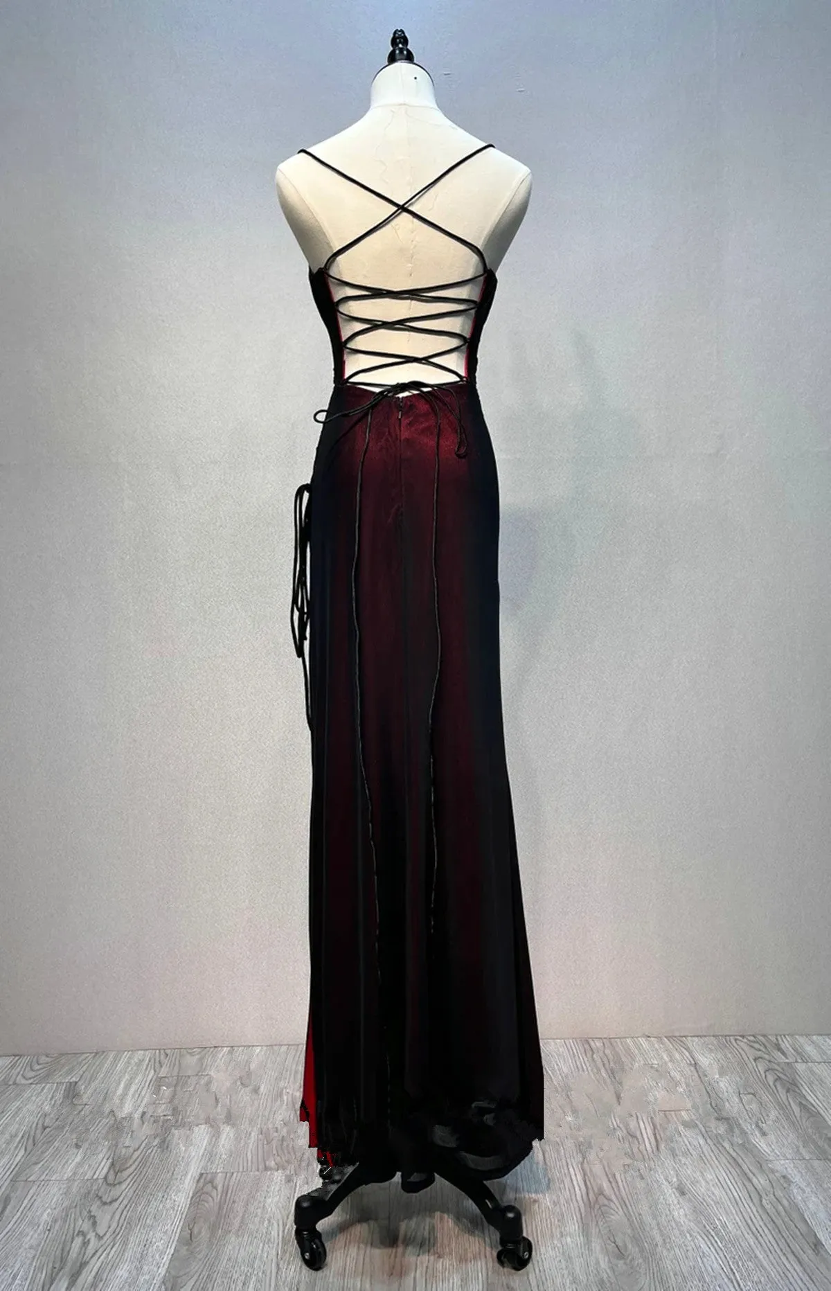 Black and Red Mermaid Straps Long Party Dress, Long Prom Dress with Leg Slit