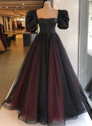 Black and Red Short Sleeves Beaded Long Evening Dress, Black and Red Prom Dress