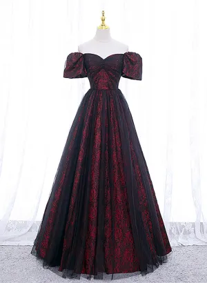 Black and Red Sweethart Tulle Floor Length Party Dress, A-line Wedding Party Dress