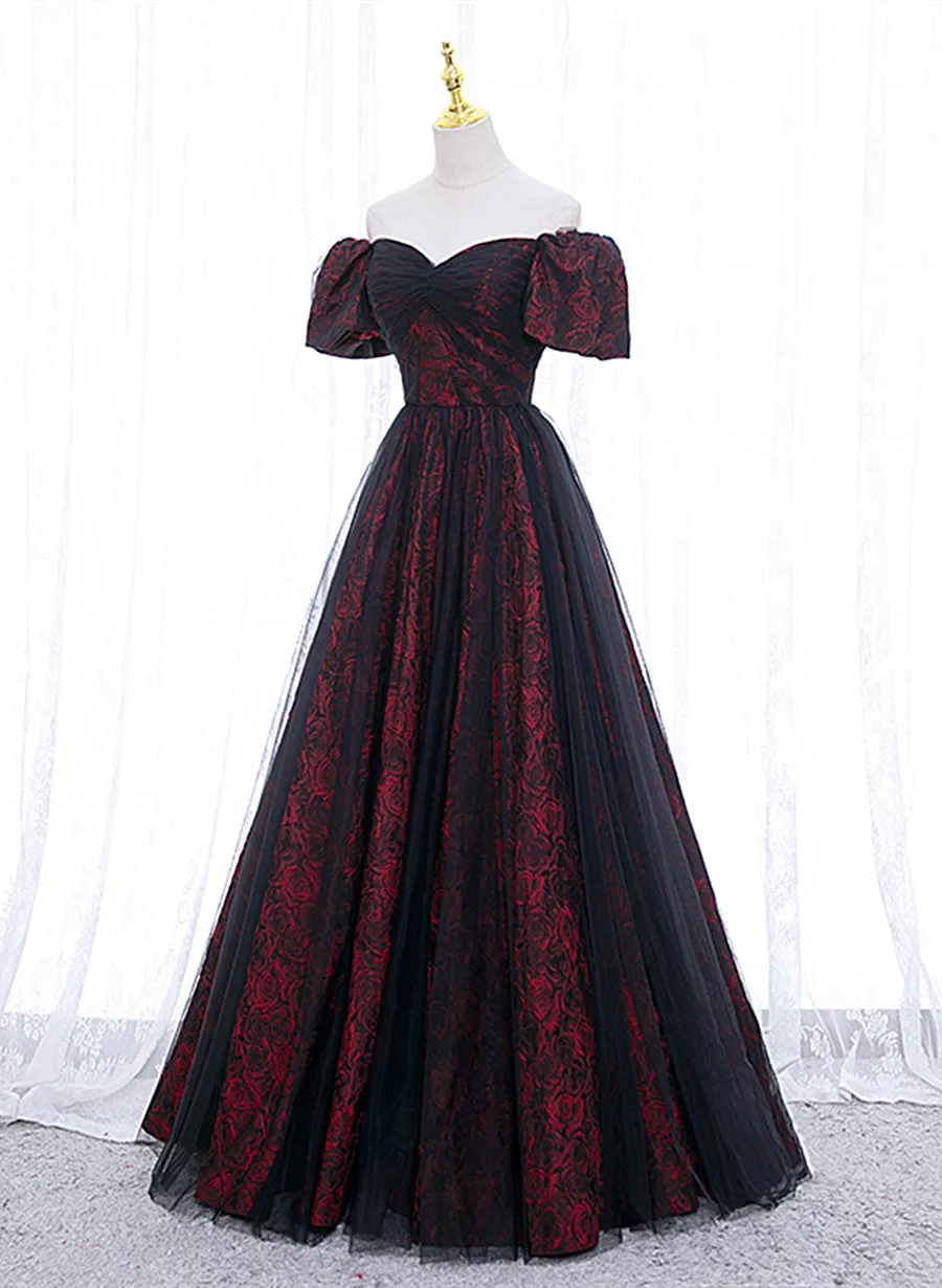 Black and Red Sweethart Tulle Floor Length Party Dress, A-line Wedding Party Dress