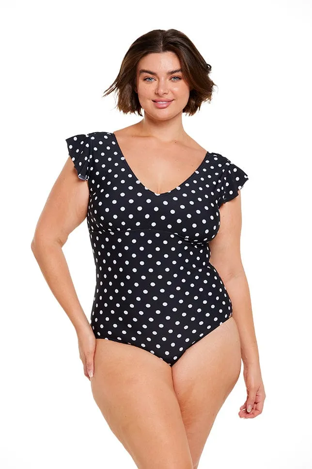 Black and White Dots V Neck Frill One Piece