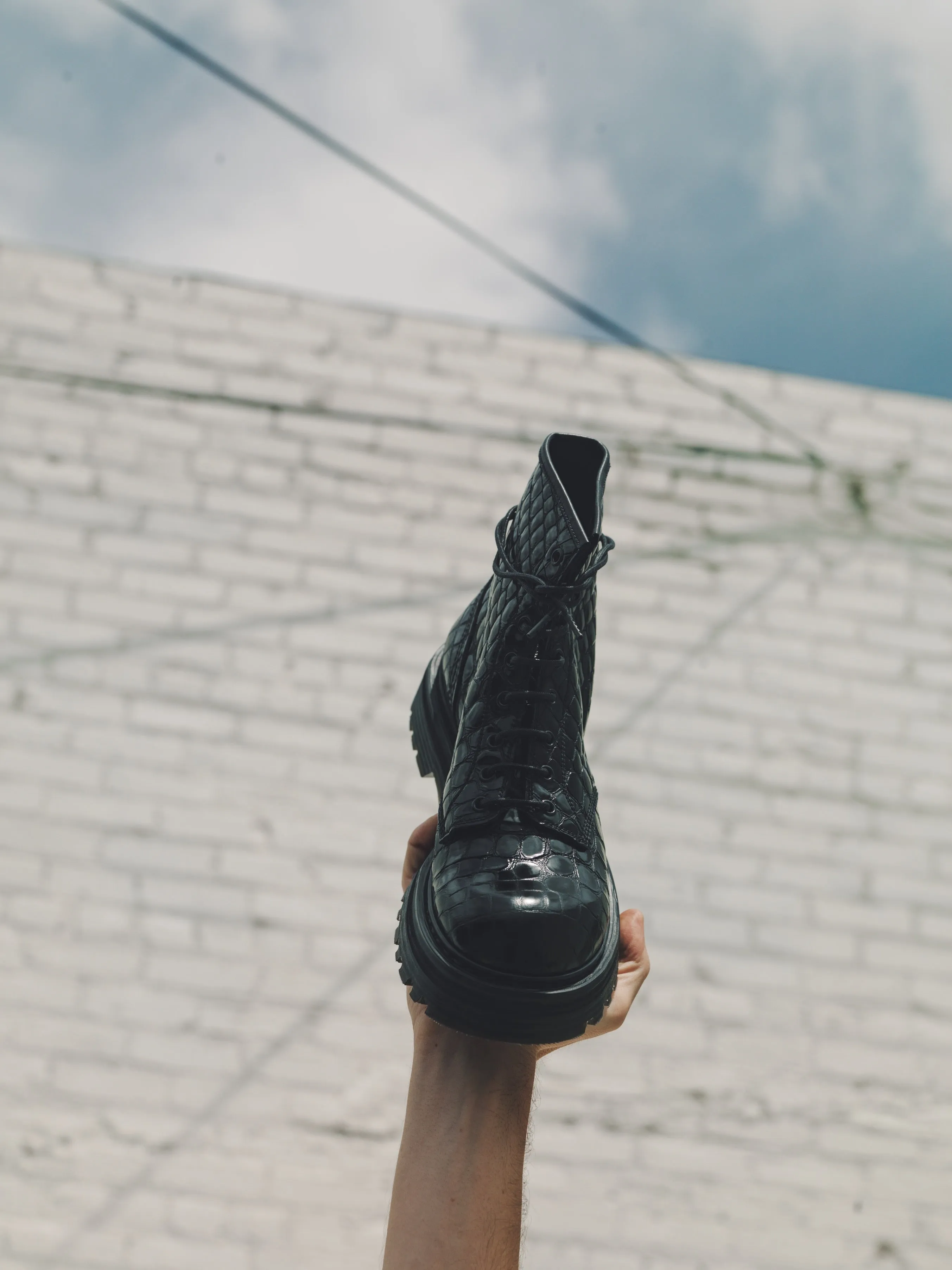 Black Croc Leather Combat Boot