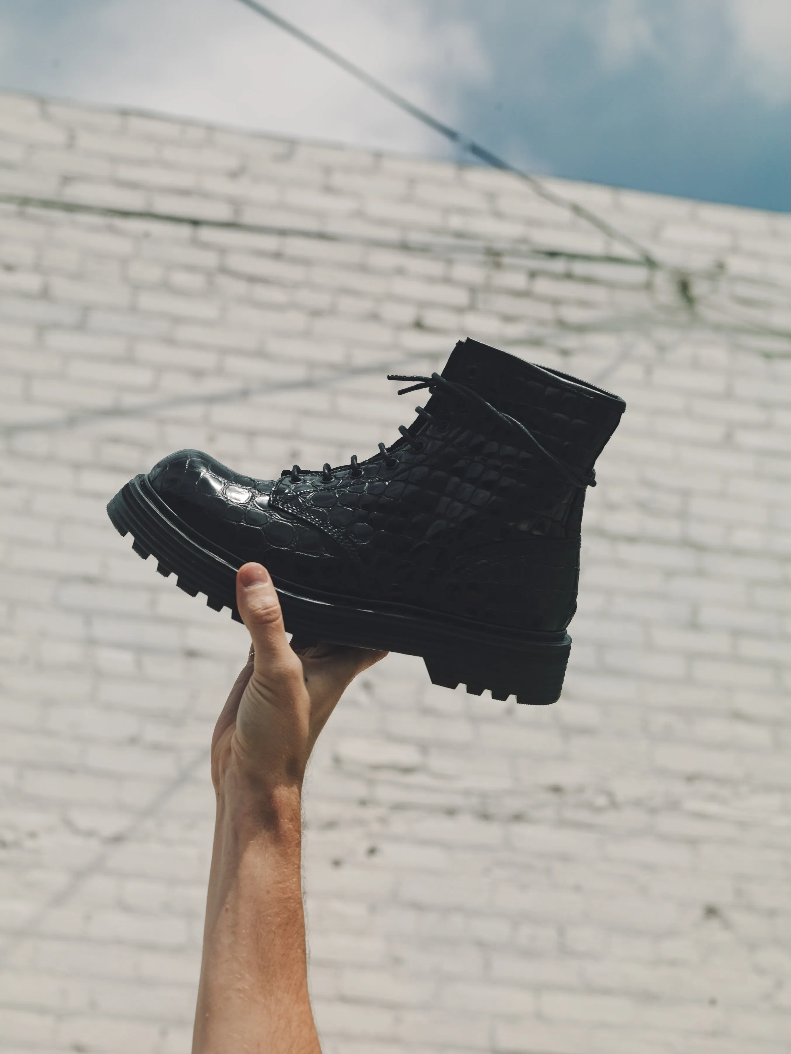 Black Croc Leather Combat Boot