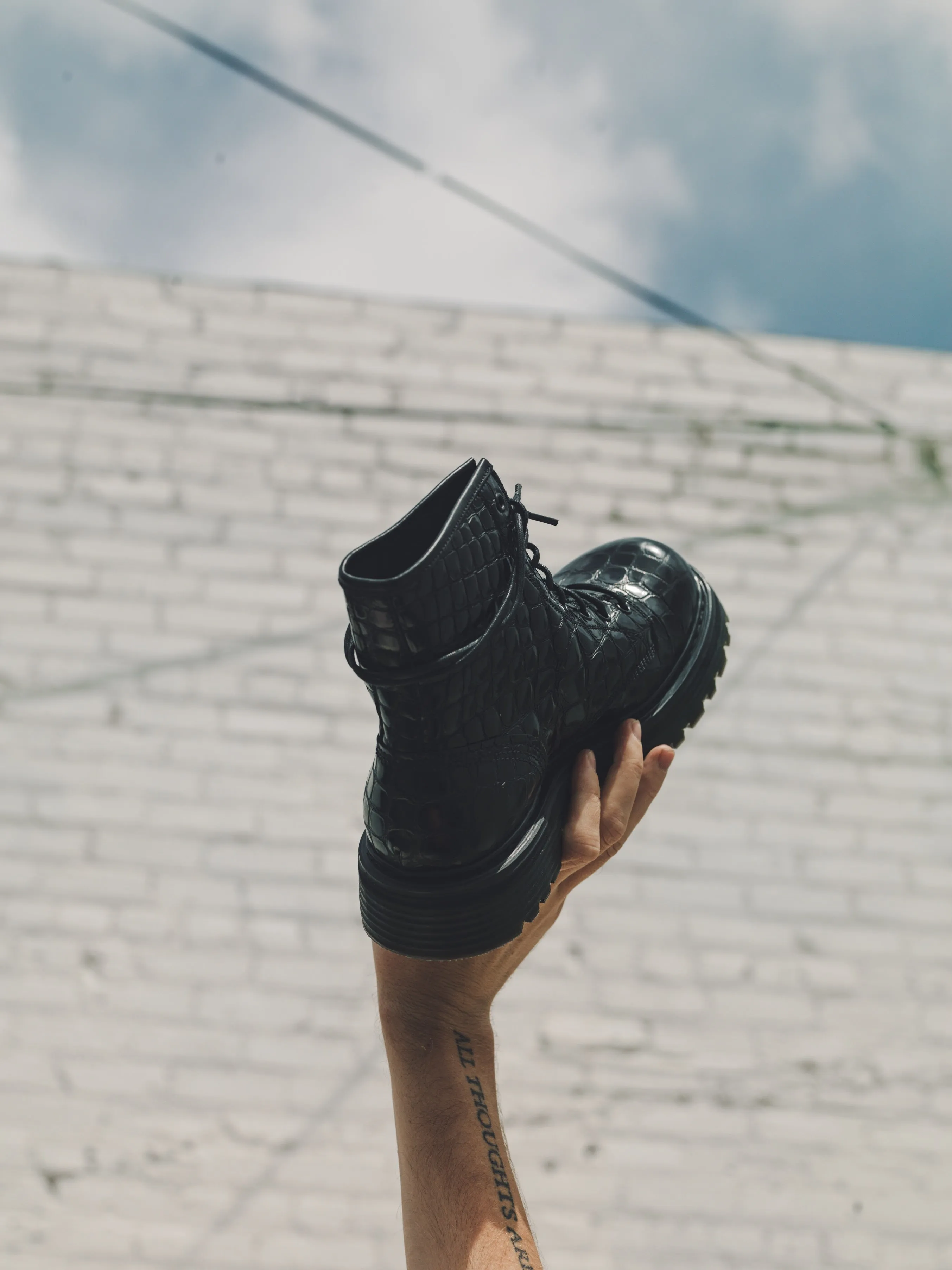 Black Croc Leather Combat Boot