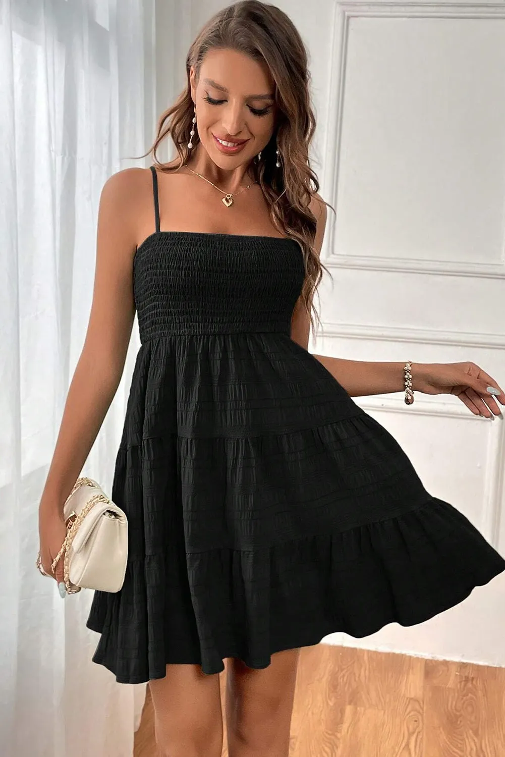 Black Smocked Textured Tiered Skater Cami Dress