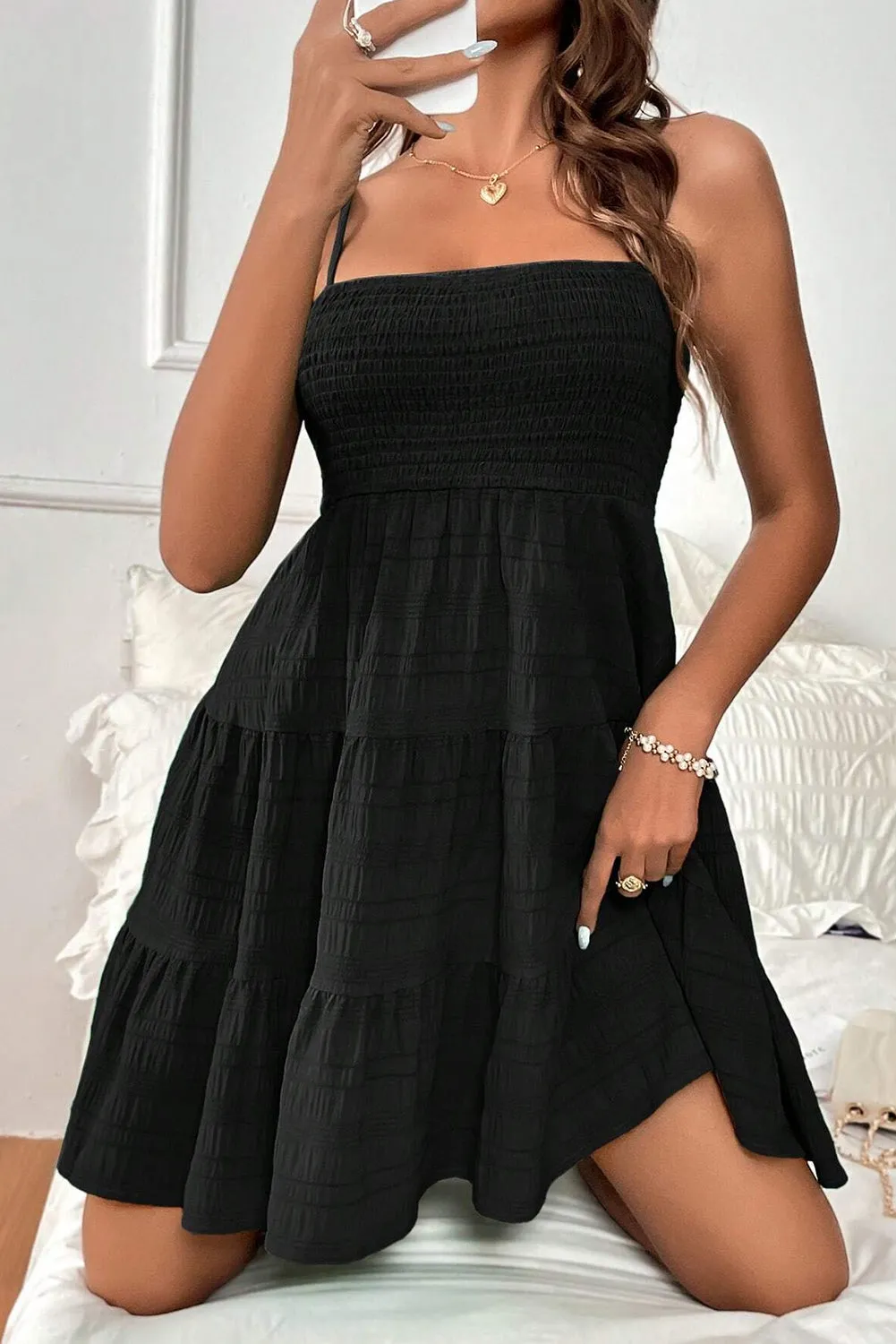 Black Smocked Textured Tiered Skater Cami Dress