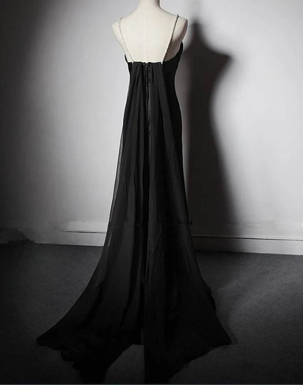 Black Soft Satin A-line Floor Length Prom Dress, Black Straps Long Evening Dress