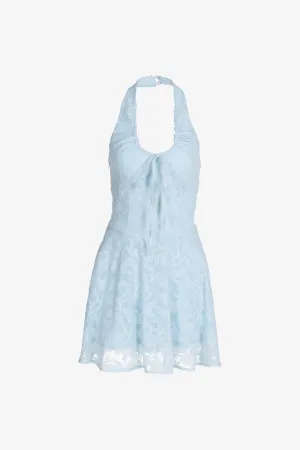 Blue Halter Lace Skater Dress