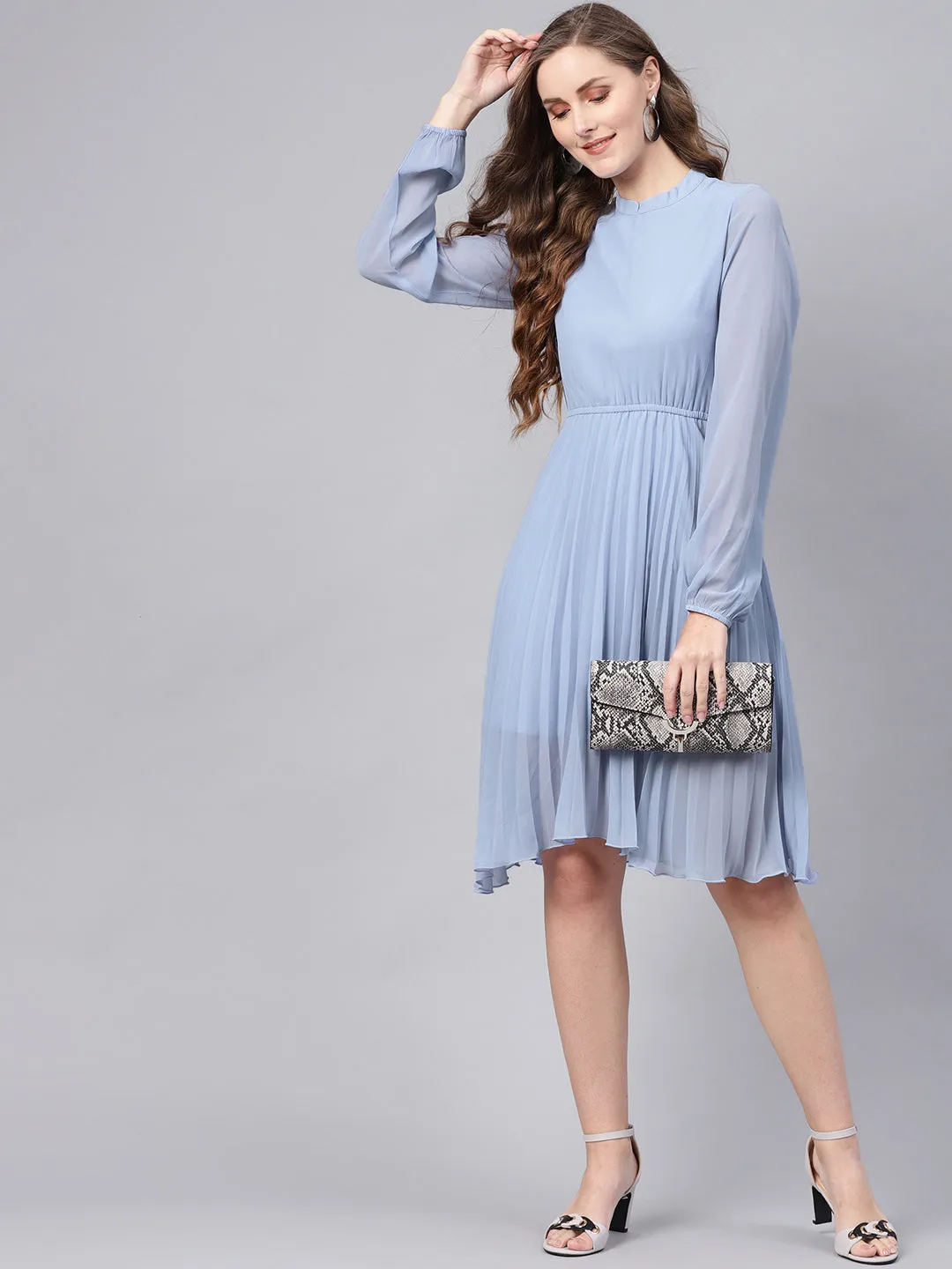 Blue Mandrain Collar Pleated Skater Dress