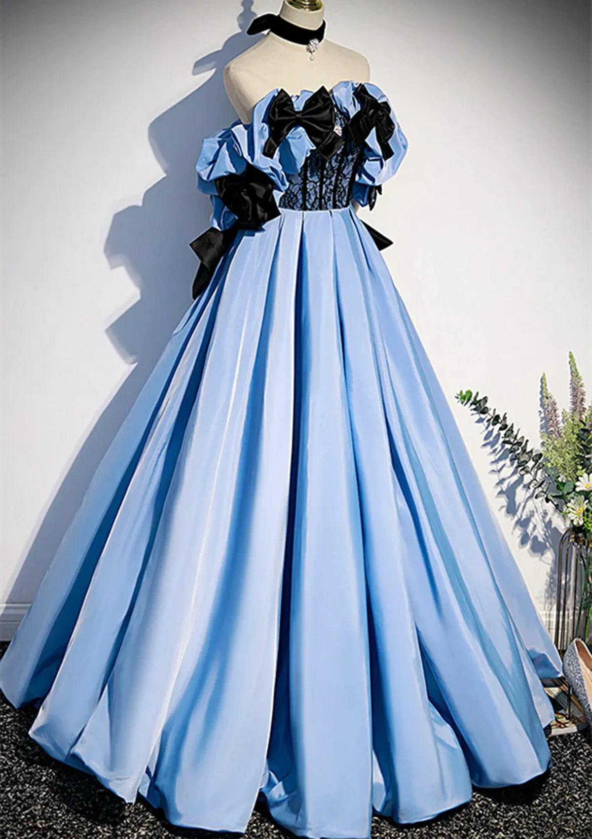 Blue Satin A-line Long Prom Dress with Black Bow, Off the Shoulder Blue Long Party Dress