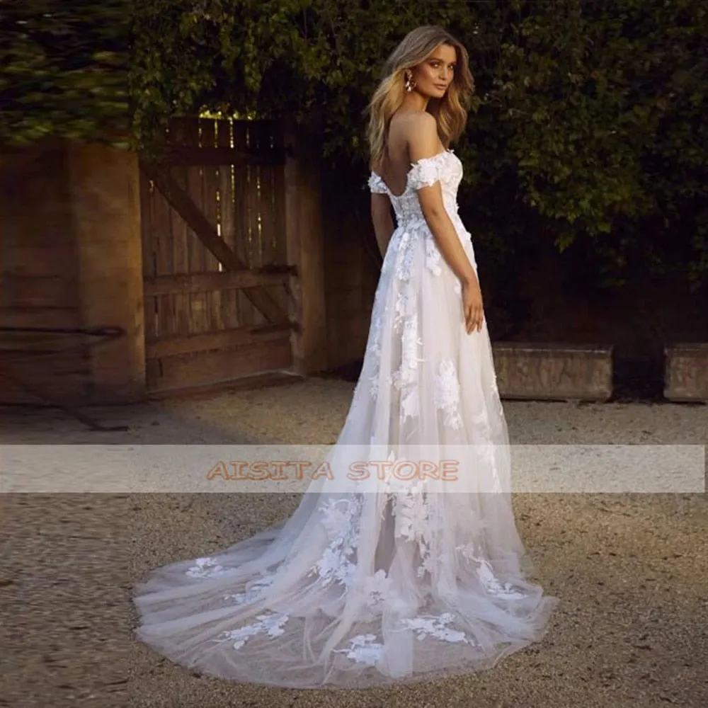 Boho Sexy Off the Shoulder Cheap Wedding Dresses A Line Lace Appliques Backless Bridal Gown Vestido De Noiva Wedding Gown