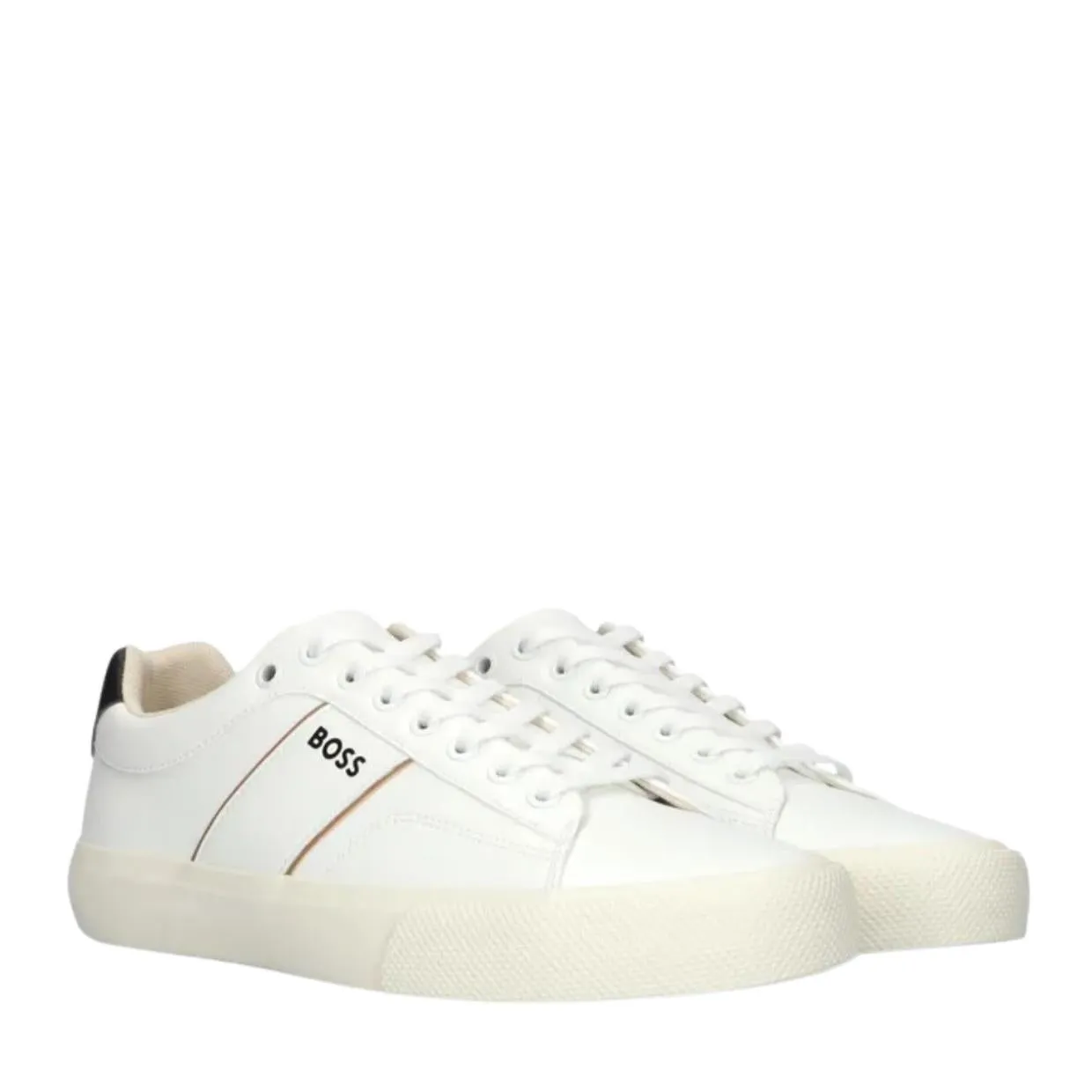 BOSS White Aiden Contrast Logo Lace Up Cupsole Trainers