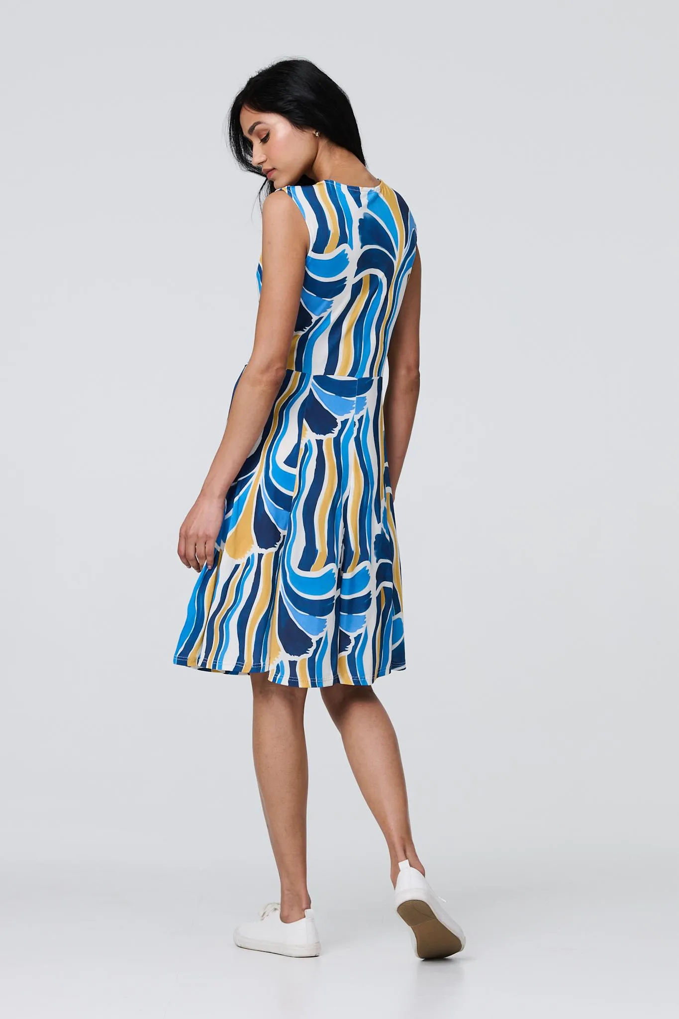 Brushstroke Print Sleeveless Knee Length Dress