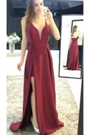 Burgundy Sleeveless Prom Dresses, Spaghetti Strap Split Satin Party Dresses UQ1724