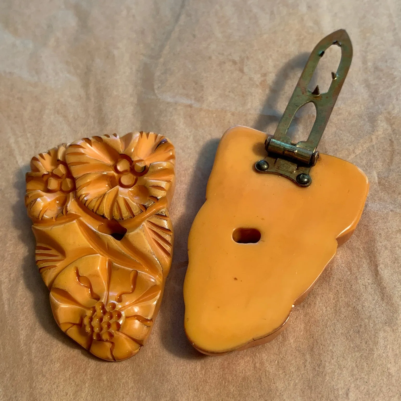 Carved Yellow Bakelite Shoe Clips