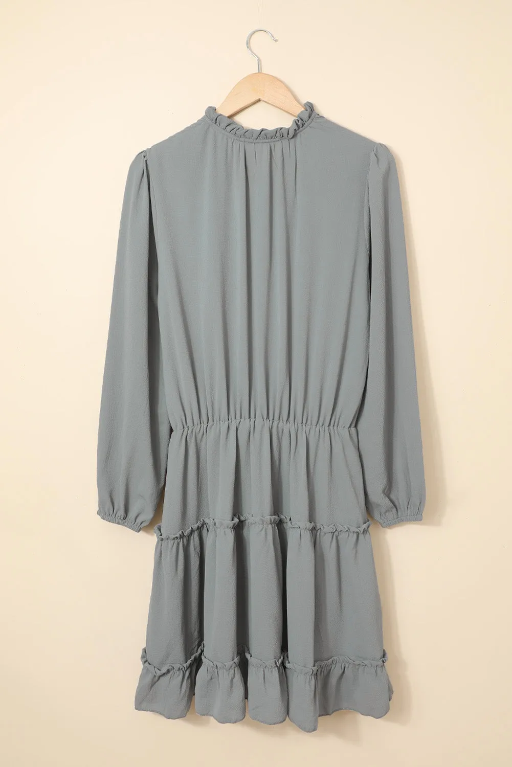 Casual Gray V Neck Long Sleeve Ruffle Tiered Mini Dress