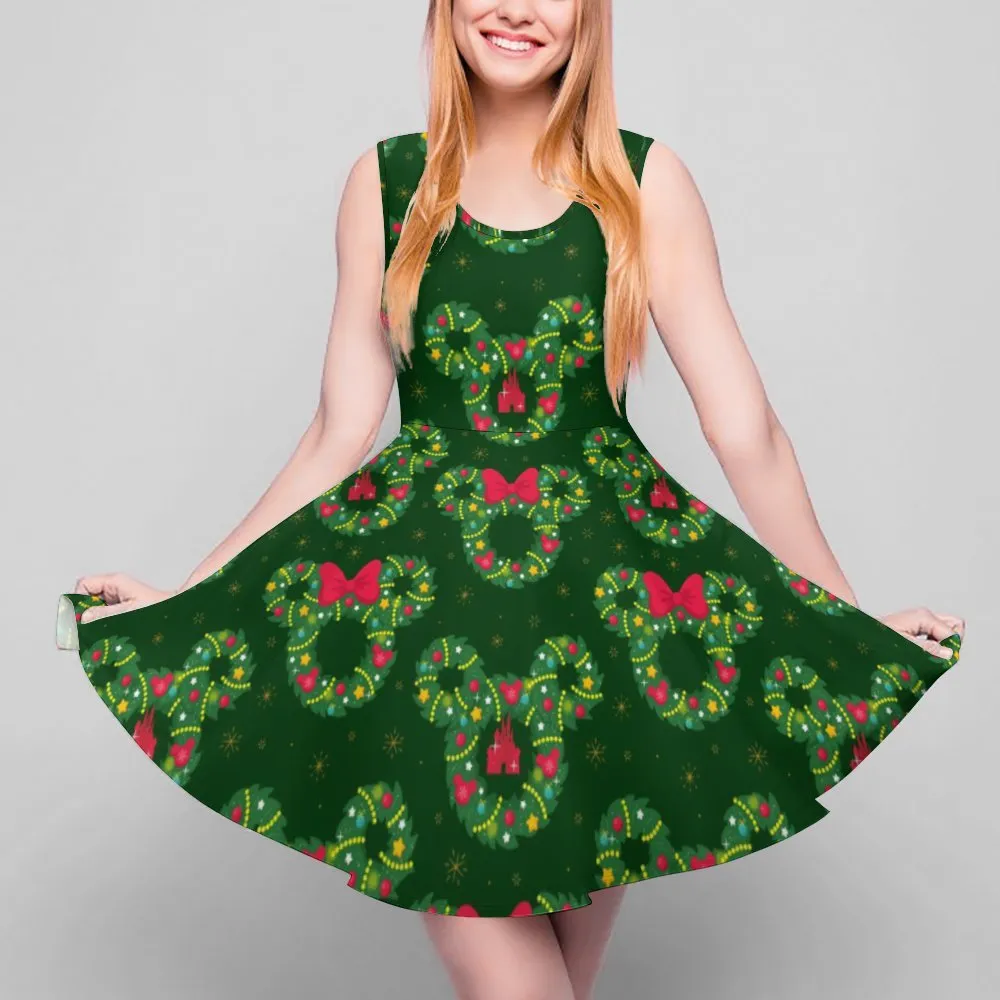 Christmas Wreaths Women's Sleeveless Round Neck Skater Dress