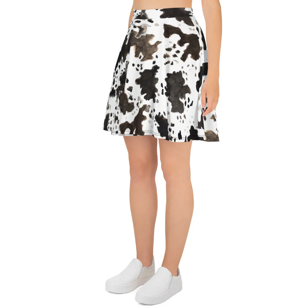 Cow Print Women's Skater Skirt, Cute Mid-Thigh Length Premium Skirt-Made in USA/ EU