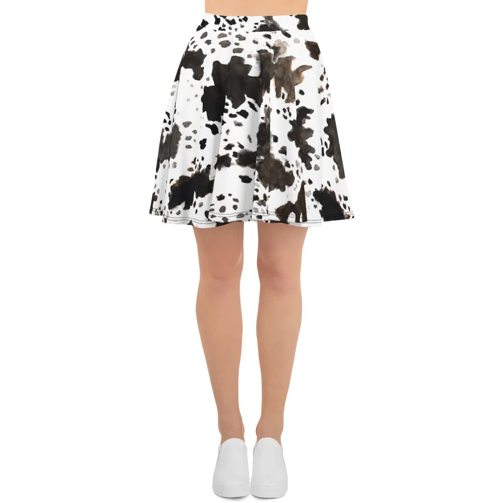 Cow Print Women's Skater Skirt, Cute Mid-Thigh Length Premium Skirt-Made in USA/ EU