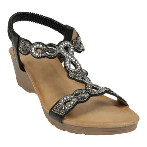 Damaris Black Embellished Slingback Wedge Sandals