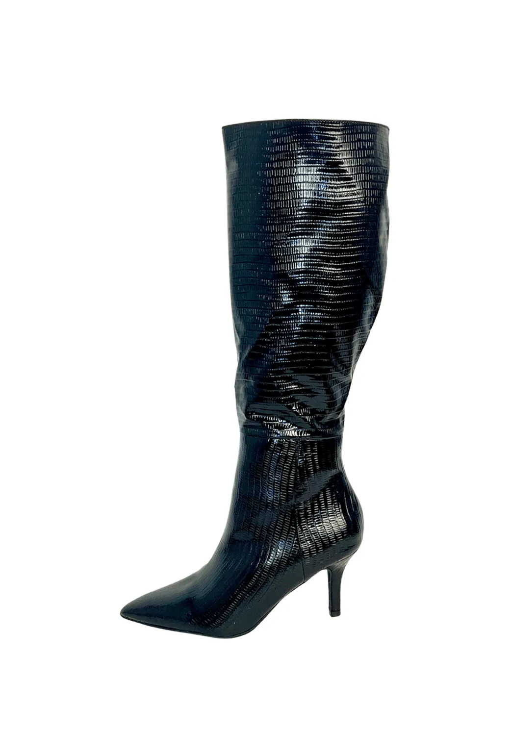 Faux Snake Knee High Boot - Black Patent