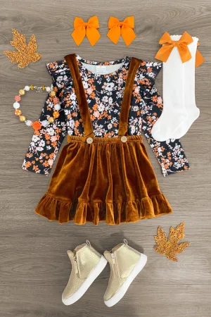 Floral Brown Velvet Suspender Skirt Set