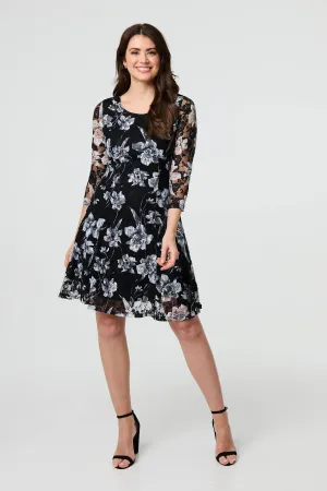 Floral Semi Sheer Lace Layer Short Dress