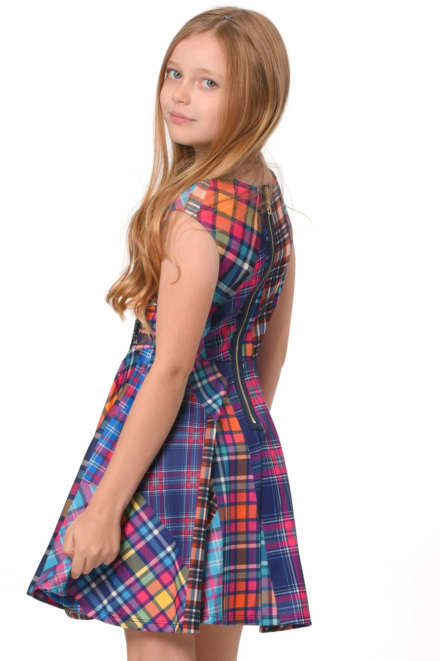 Girls Fit and Flare Plaid Skater Dress