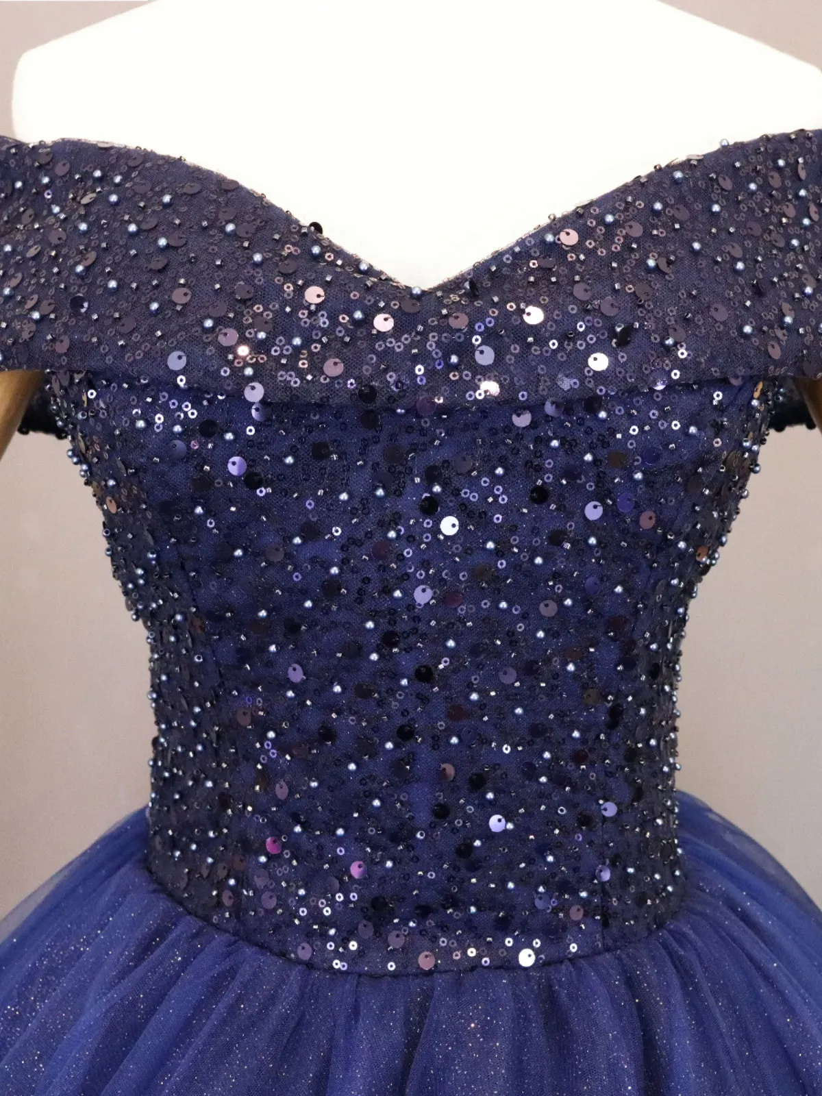 Glam Navy Blue Off Shoulder Beaded Tulle Formal Gown, Navy Blue Sweet 16 Dress