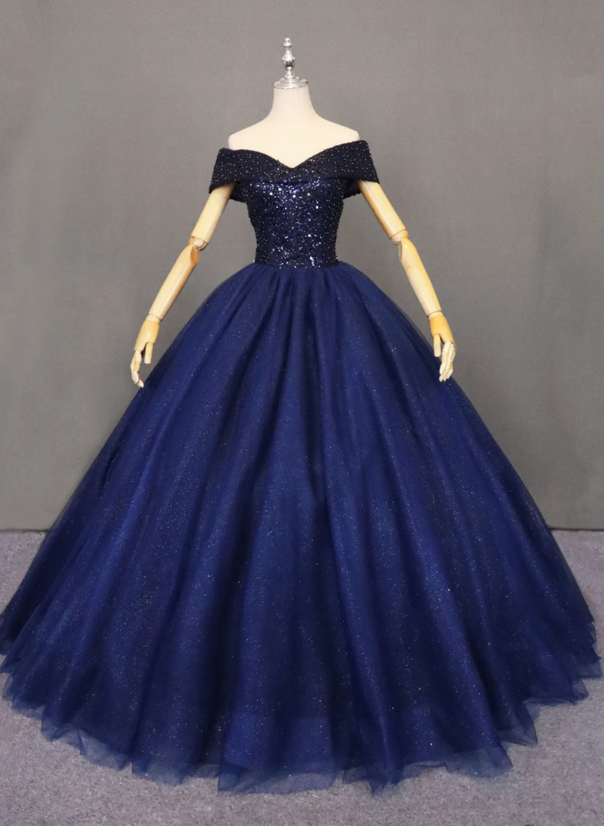 Glam Navy Blue Off Shoulder Beaded Tulle Formal Gown, Navy Blue Sweet 16 Dress