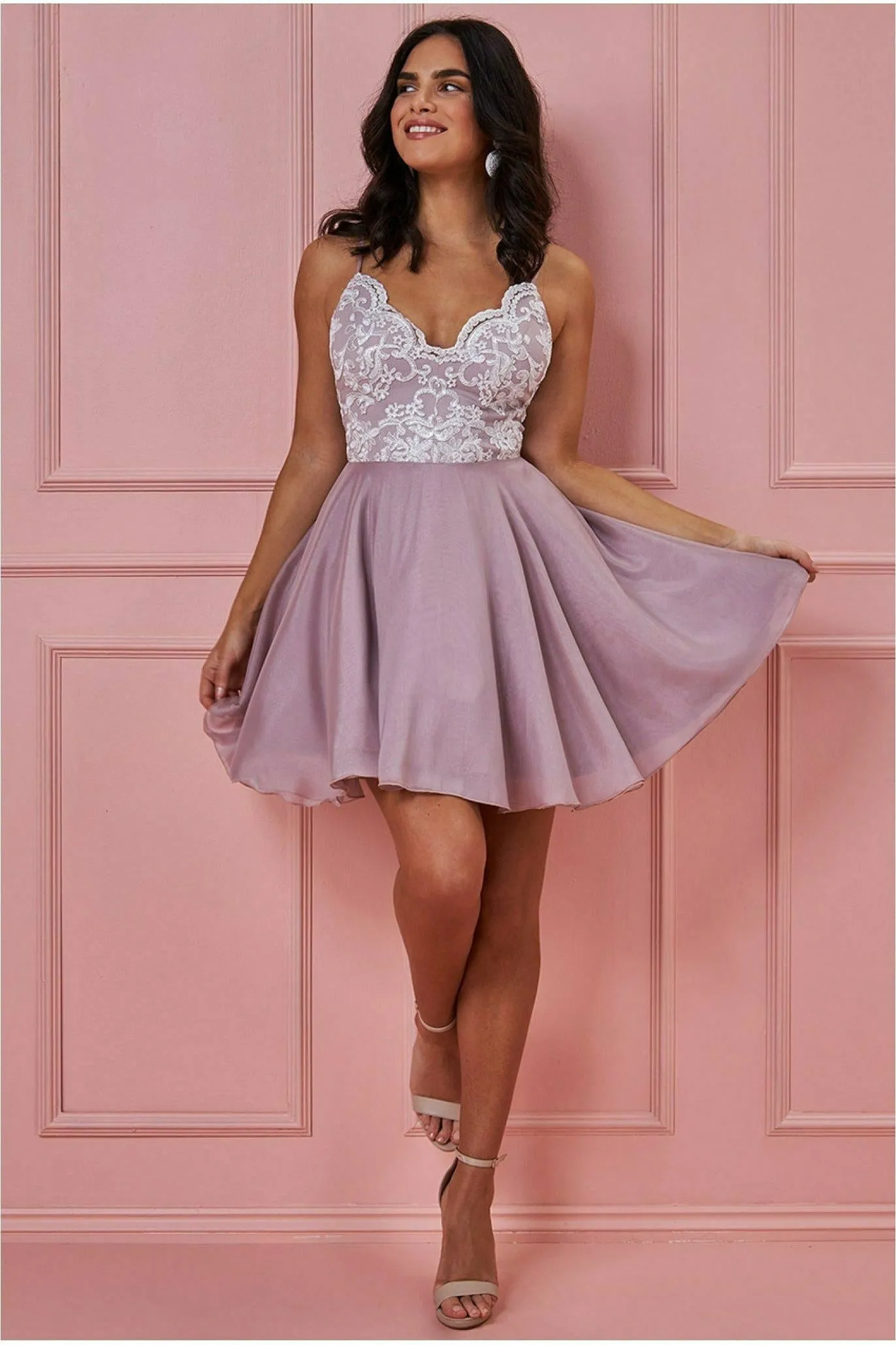 Goddiva Lace Skater Mini With Spaghetti Straps - Blush