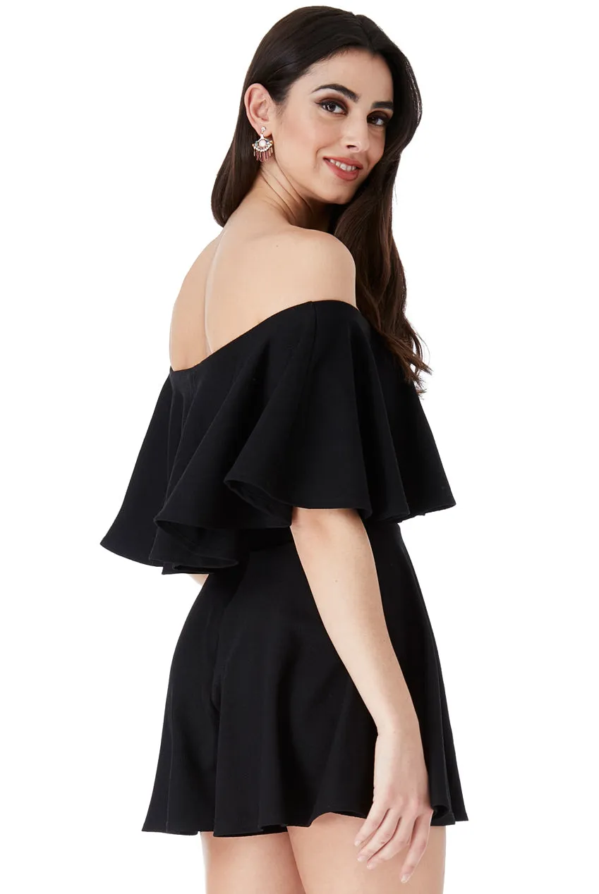 Goddiva Off The Shoulder Frill Neck Skater Playsuit - Black