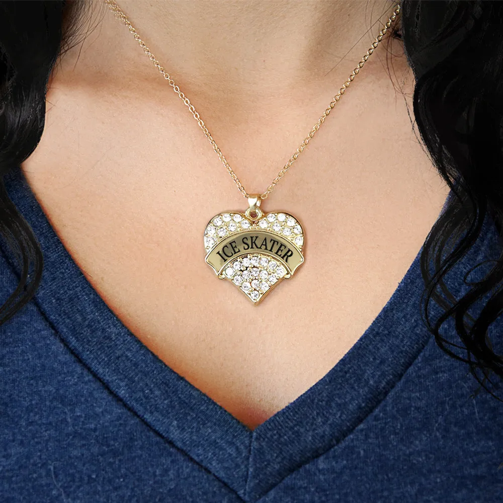 Gold Ice Skater Pave Heart Charm Classic Necklace