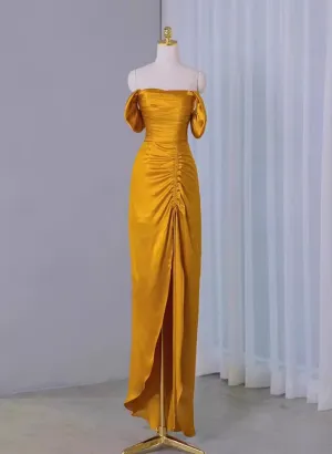 Gold Off Shoulder Satin High Low Evening Gown, Gold Prom Dress