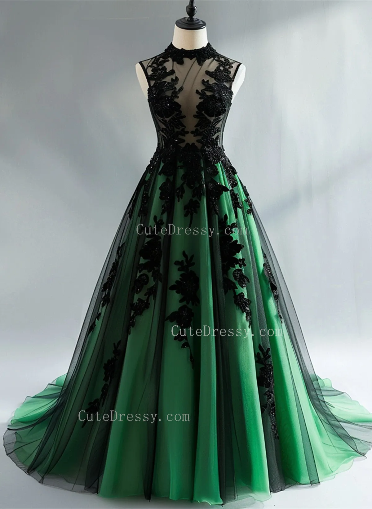 Green and Black Tulle with Lace Party Dress, Green and Black Prom Dress